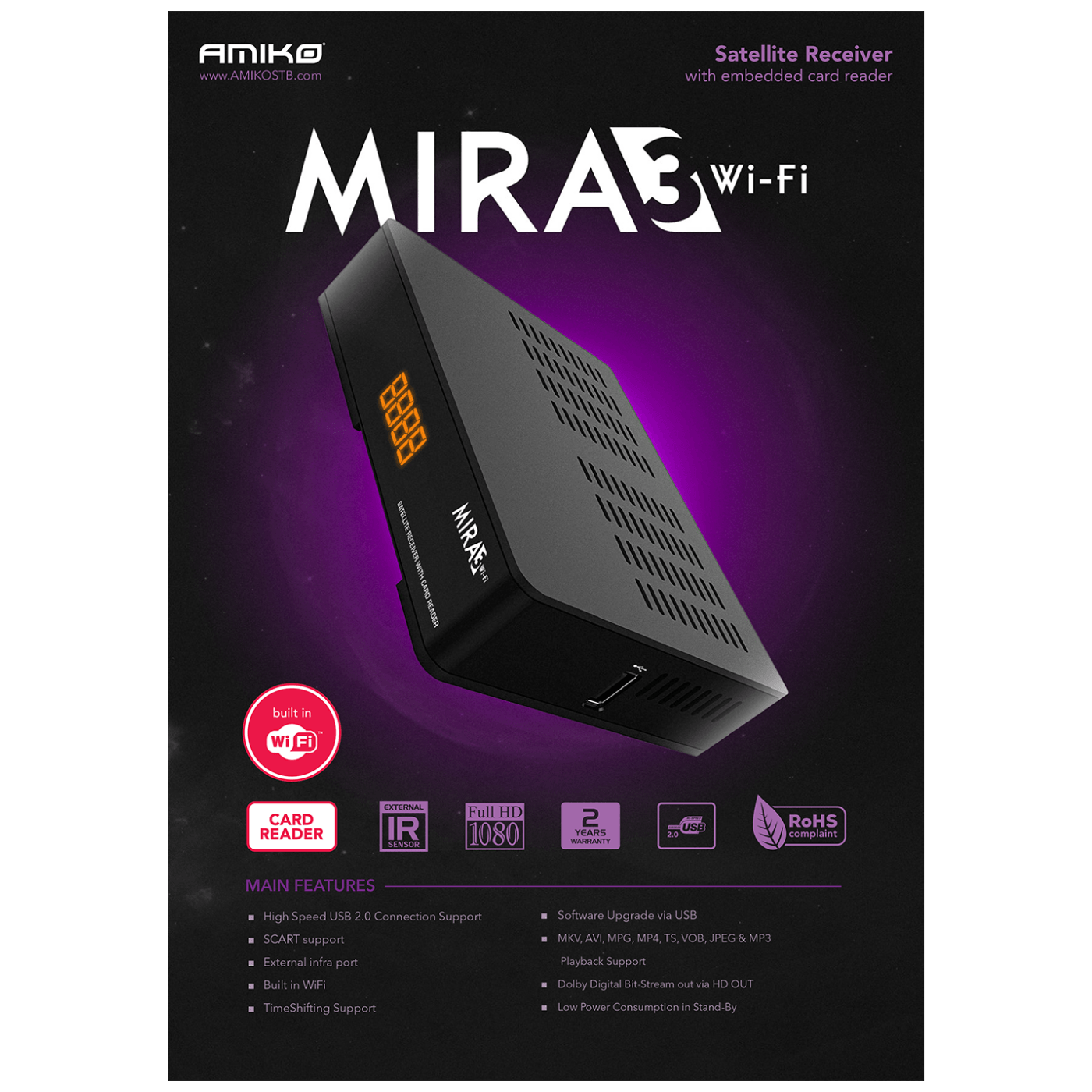 Amiko Prijemnik satelitski, DVB-S/S2, Full HD, USB, WiFi - MIRA3 WIFI-3