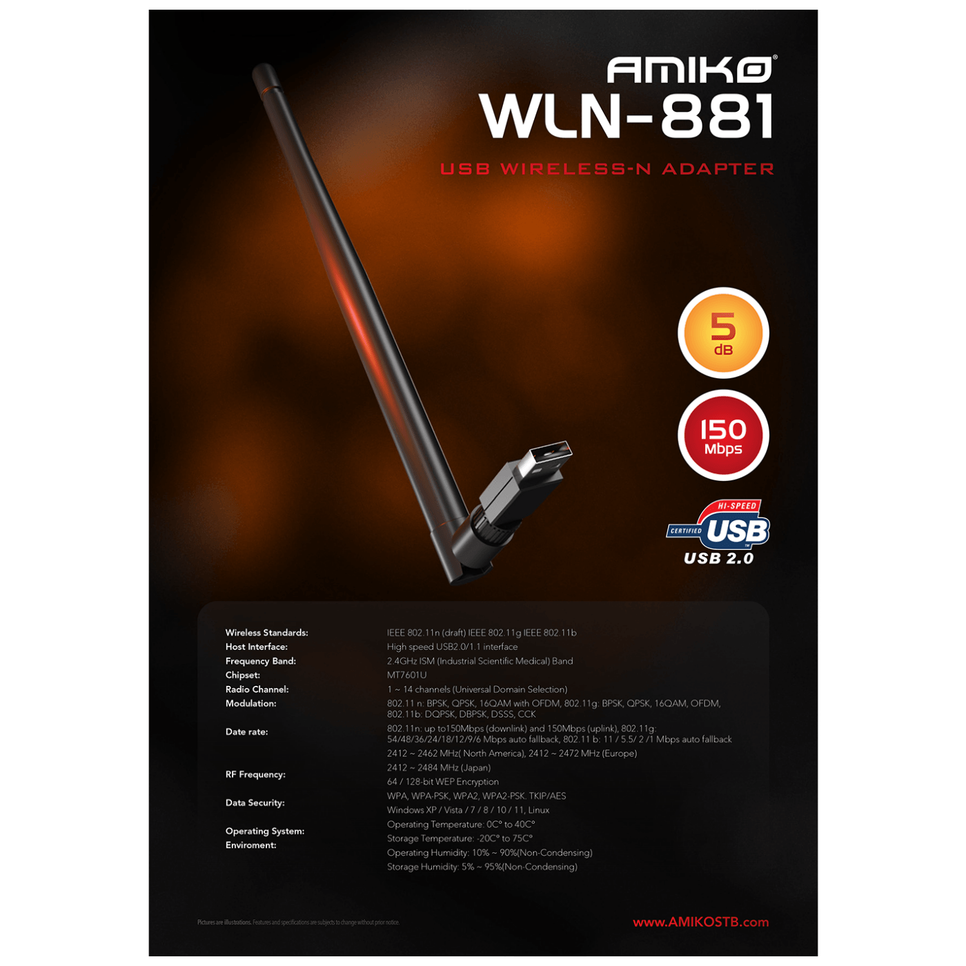 Amiko Wi-Fi mrežna kartica, USB, 2.4 GHz, 5 dB, 150 Mbps - WLN-881-1
