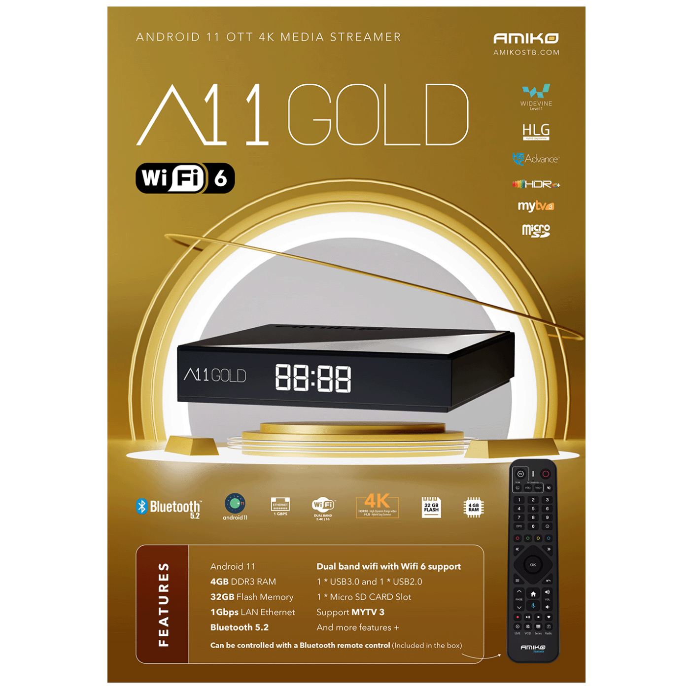 Amiko Prijemnik IPTV, Android OS, 4/32GB, 4K, WiFi, Bluetooth - A11 Gold-3