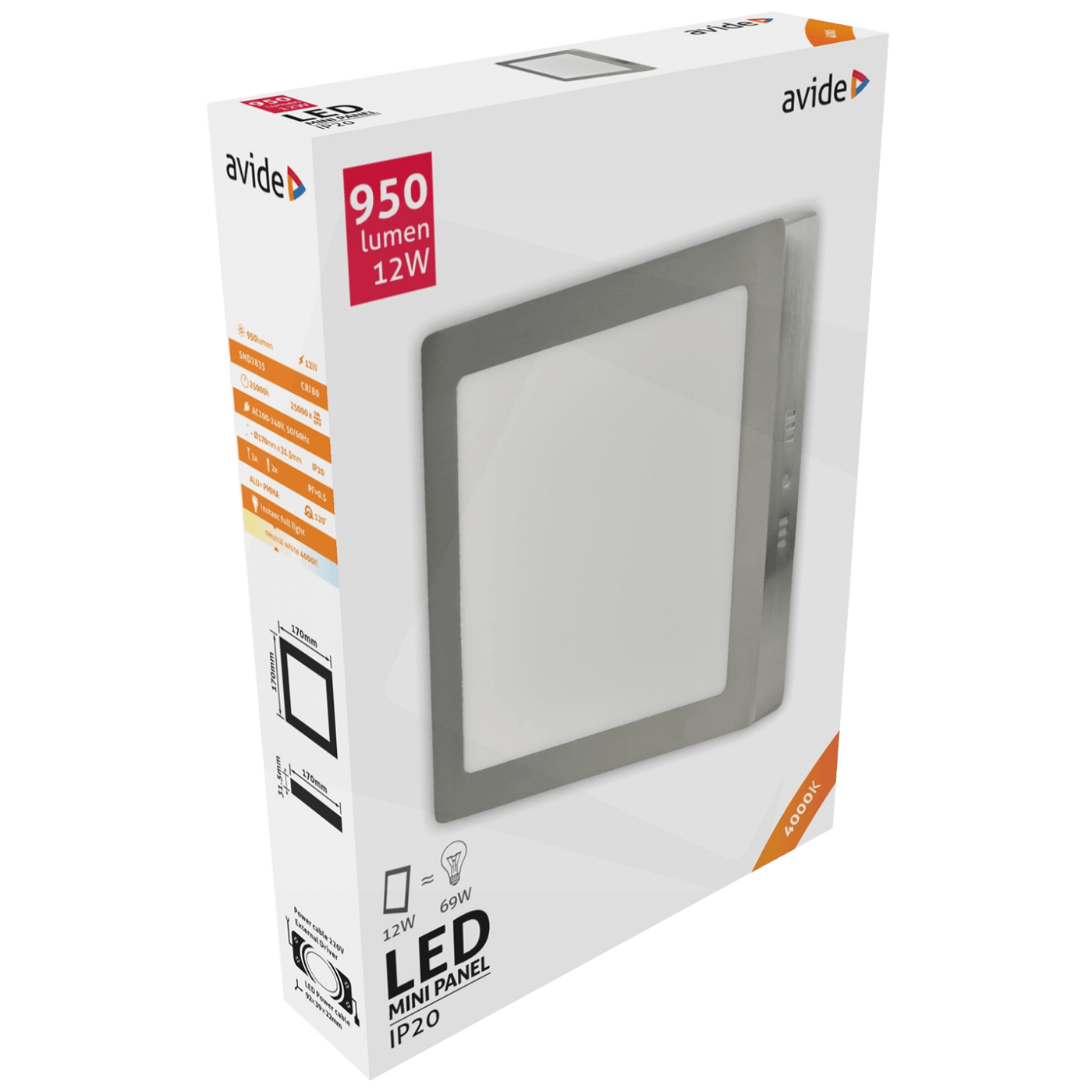 Avide Plafonjera LED, 12W, 950 lm, 4000K, IP20 - ACSMNW-S-12W-ALU-SN-1