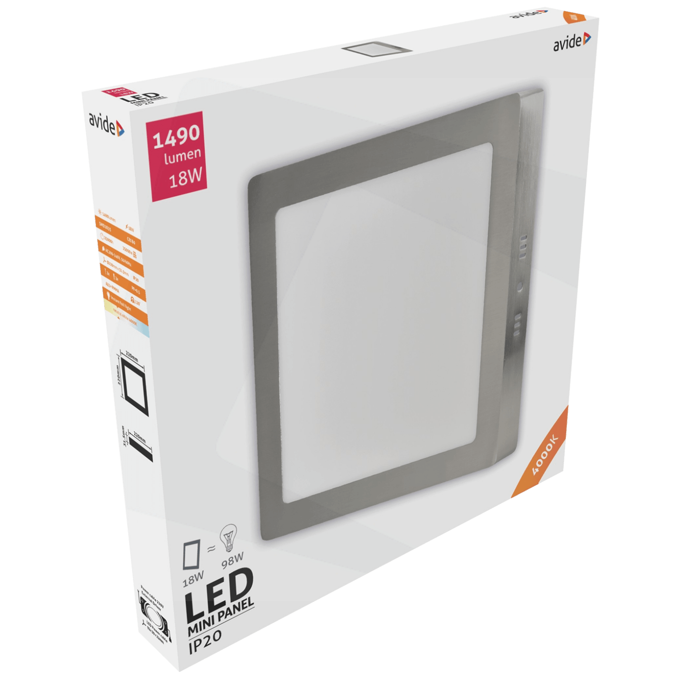 Avide Plafonjera LED, 18W, 1490 lm, 4000K, IP20 - ACSMNW-S-18W-ALU-SN-1