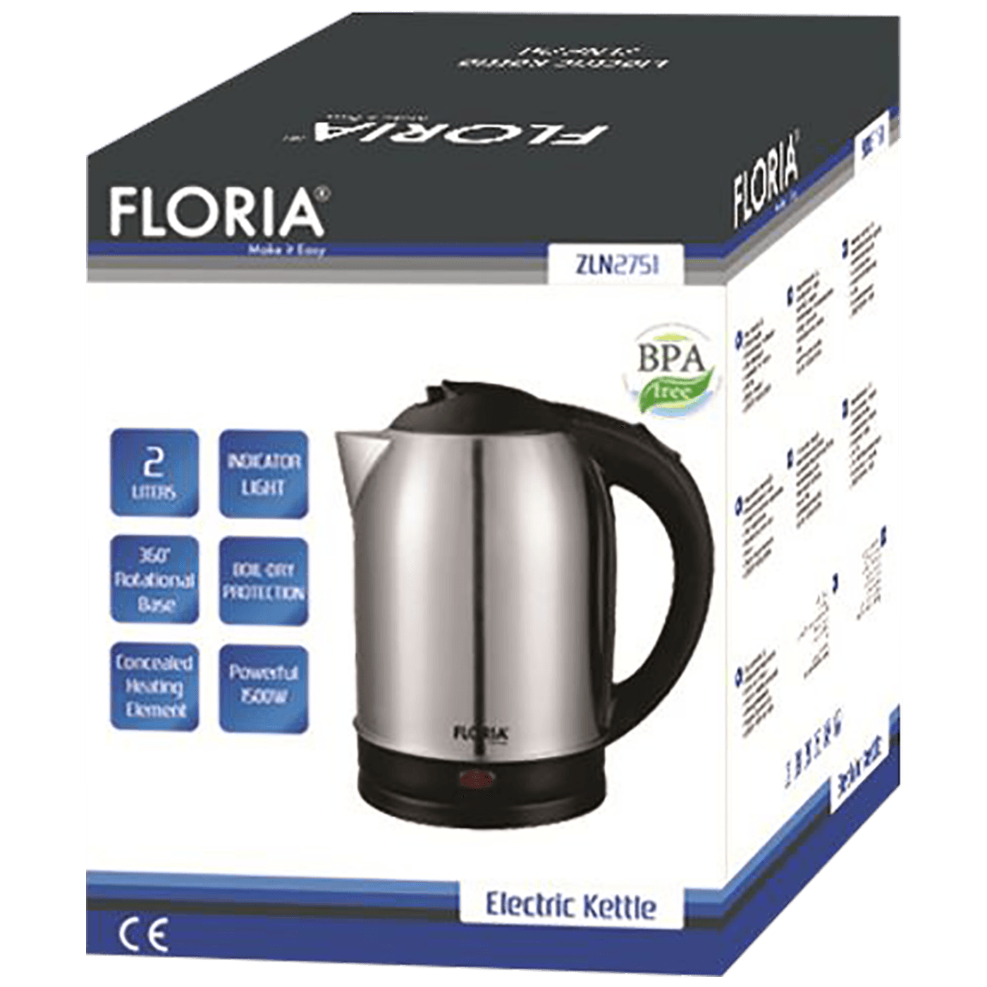 Kuhalo za vodu FLORIA, zapremina 2.0 l, 1500 W, INOX-1
