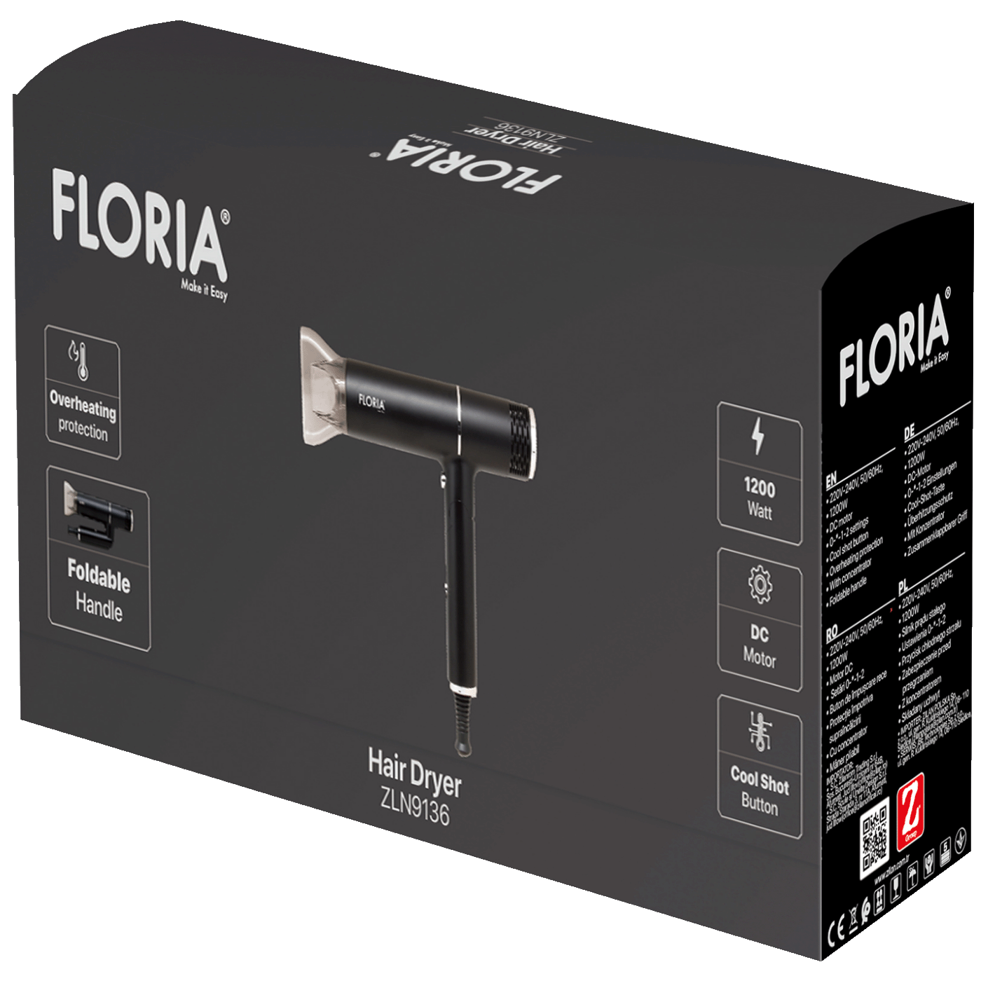 Fen za kosu FLORIA ZLN9136 (1200W, postavke 0-1-2, tipka za hladan zrak, zaštita od pregrijavanja, sklopiva ručka)-2
