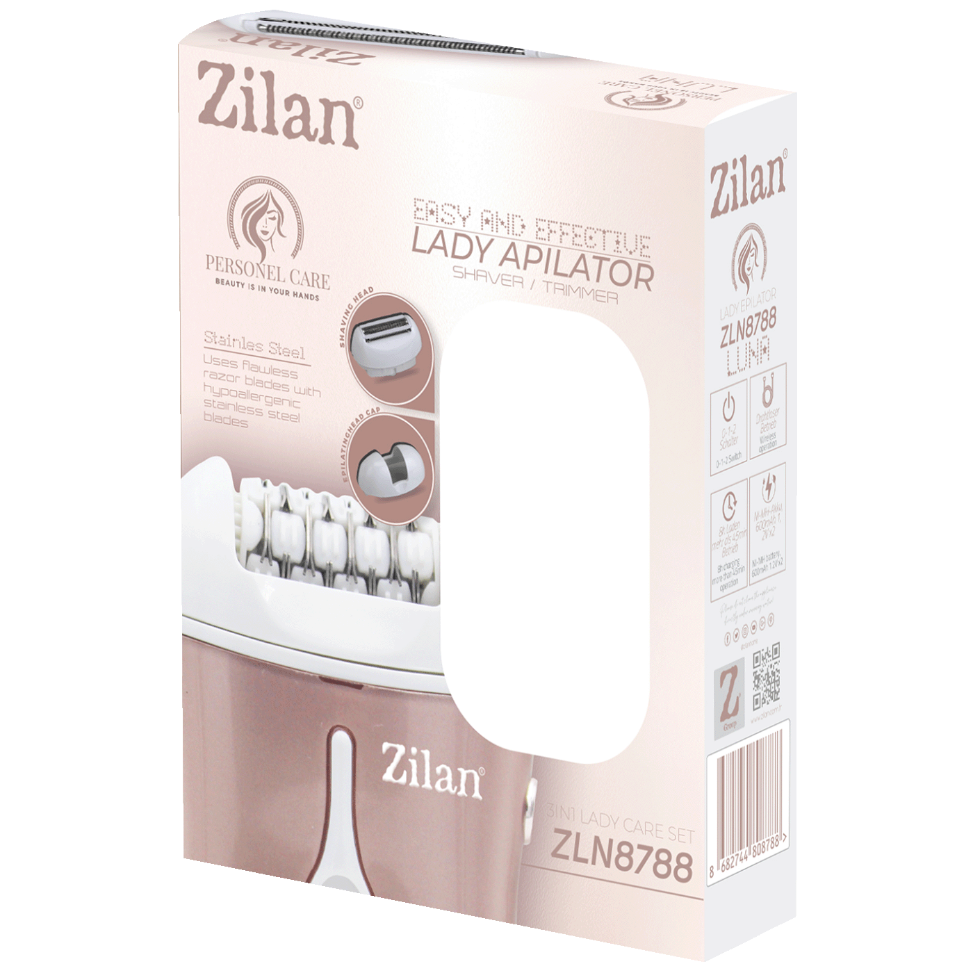Epilator FLORIA ZLN8788 Lady Care Set Luna (3-u-1, bežični, 32 pincete, dvije glave, roza-bijeli)-2