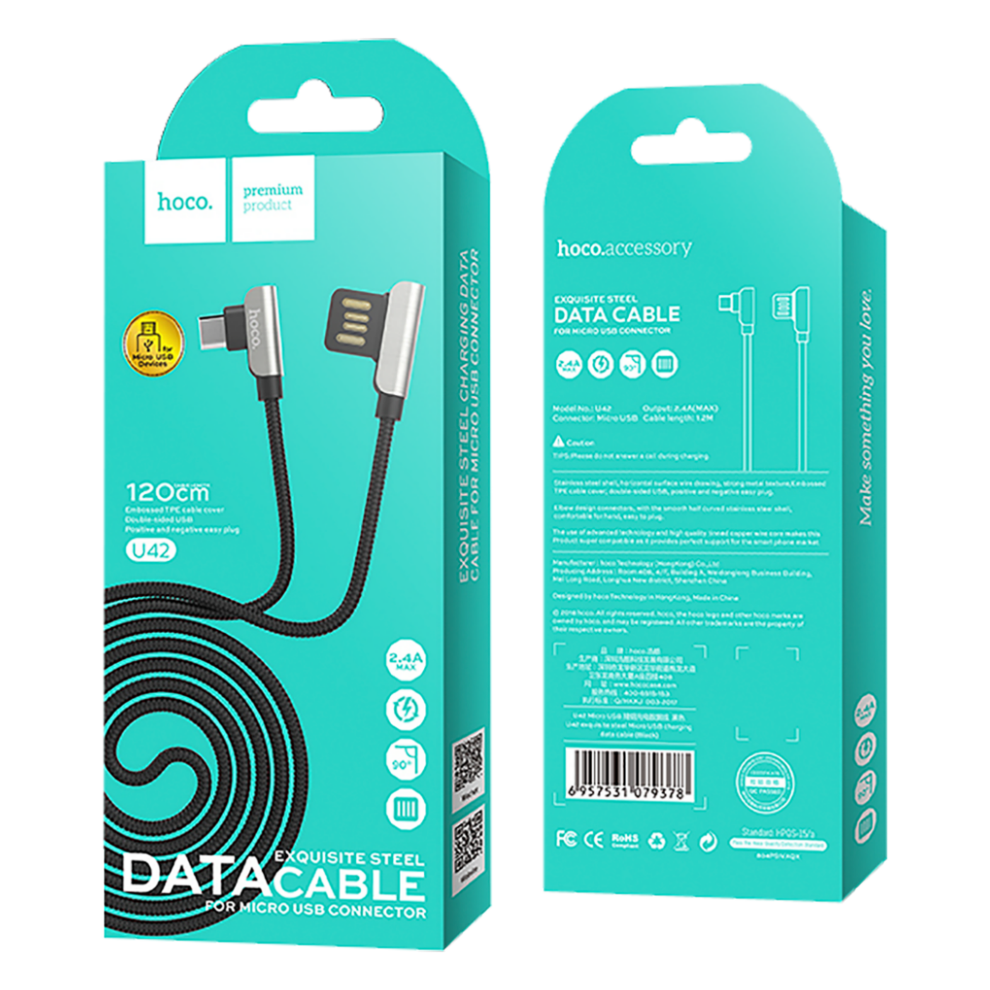 hoco. USB kabel za smartphone, micro USB, 1.2 met., 2.4 A crna - U42 Exquisite steel, Micro USB, BK-1