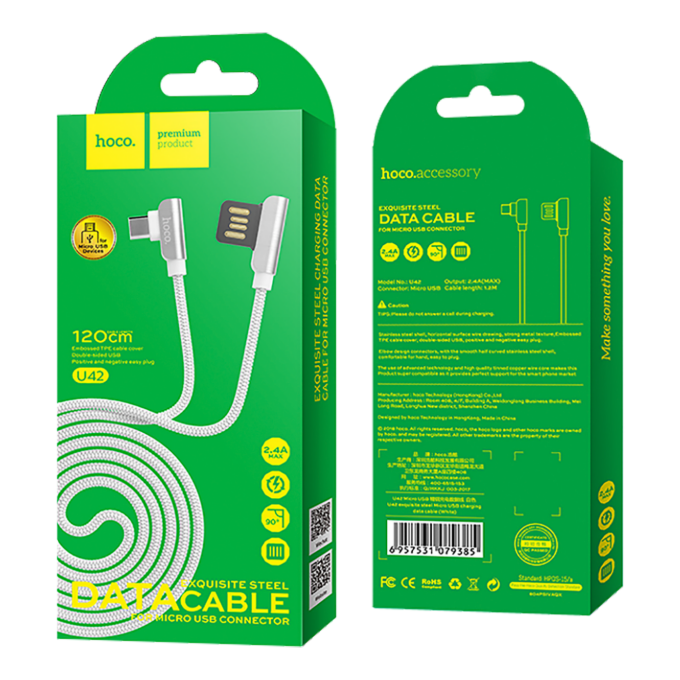 hoco. USB kabel za smartphone, micro USB, 1.2 met., 2.4 A bijela- U42 Exquisite steel, Micro USB, WH-1