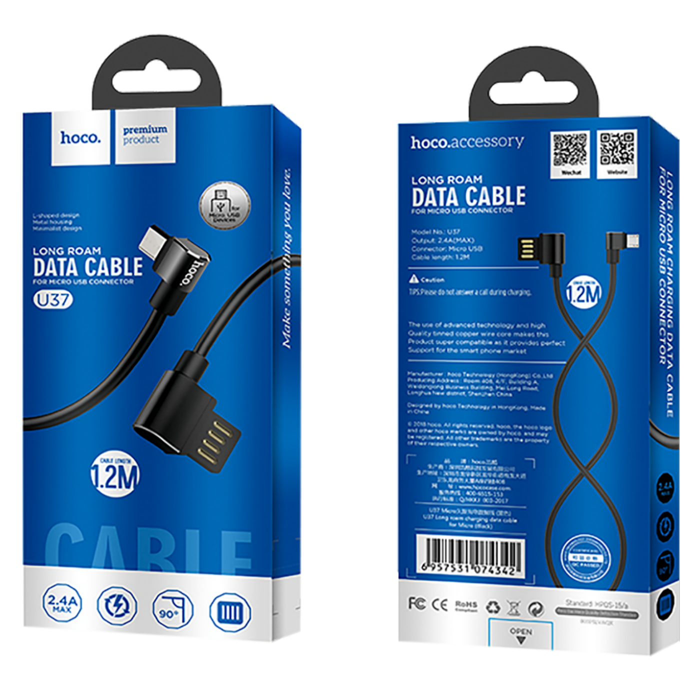 hoco. USB kabel za smartphone, micro USB, kutni 90°, 1.2 met,crna - U37 Long Roam, Micro USB , BK-1