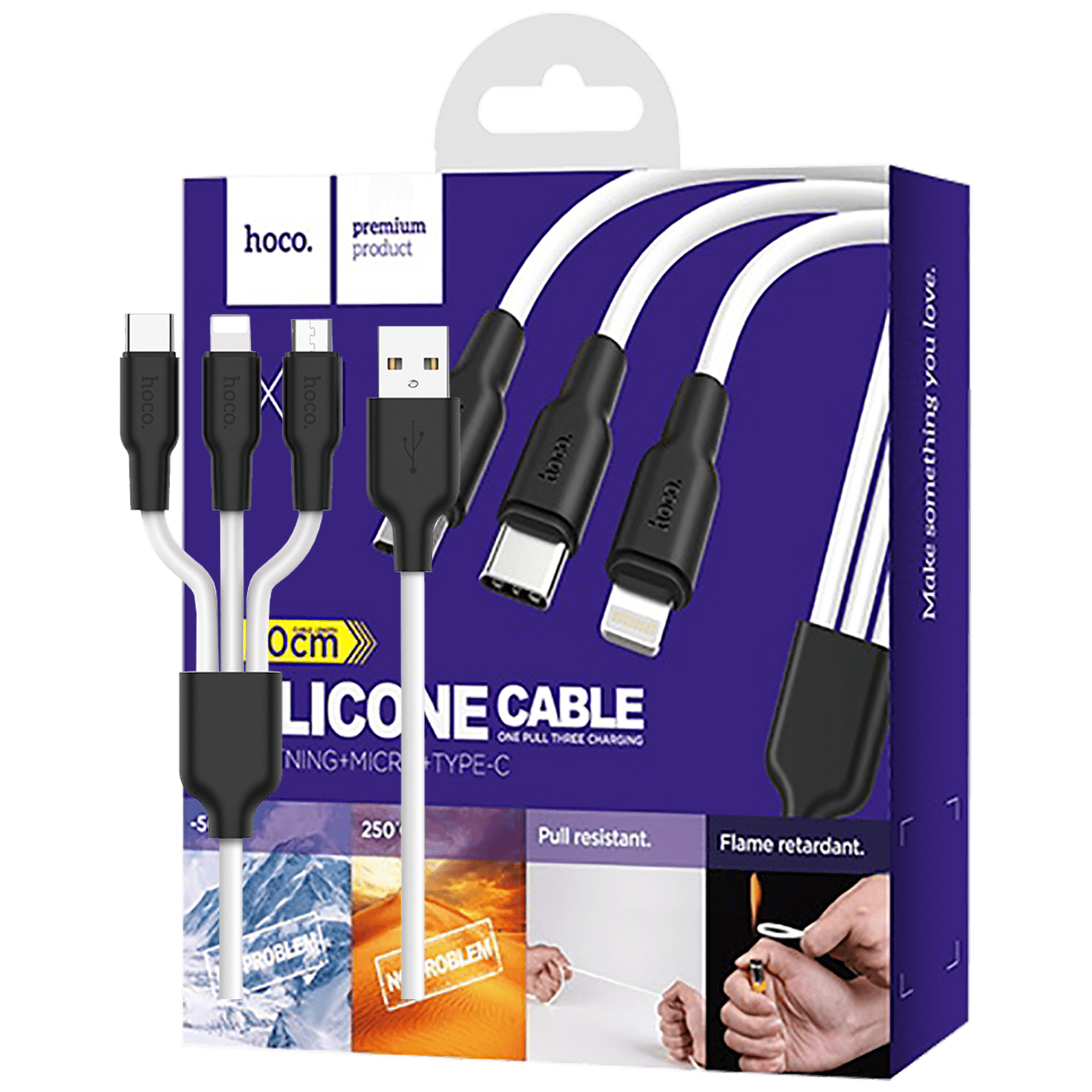 hoco. USB kabel, 3in1, microUSB, type C, Lightning, 1.2 met., 2 A - X21 Silicone 3in1 crna/White-0