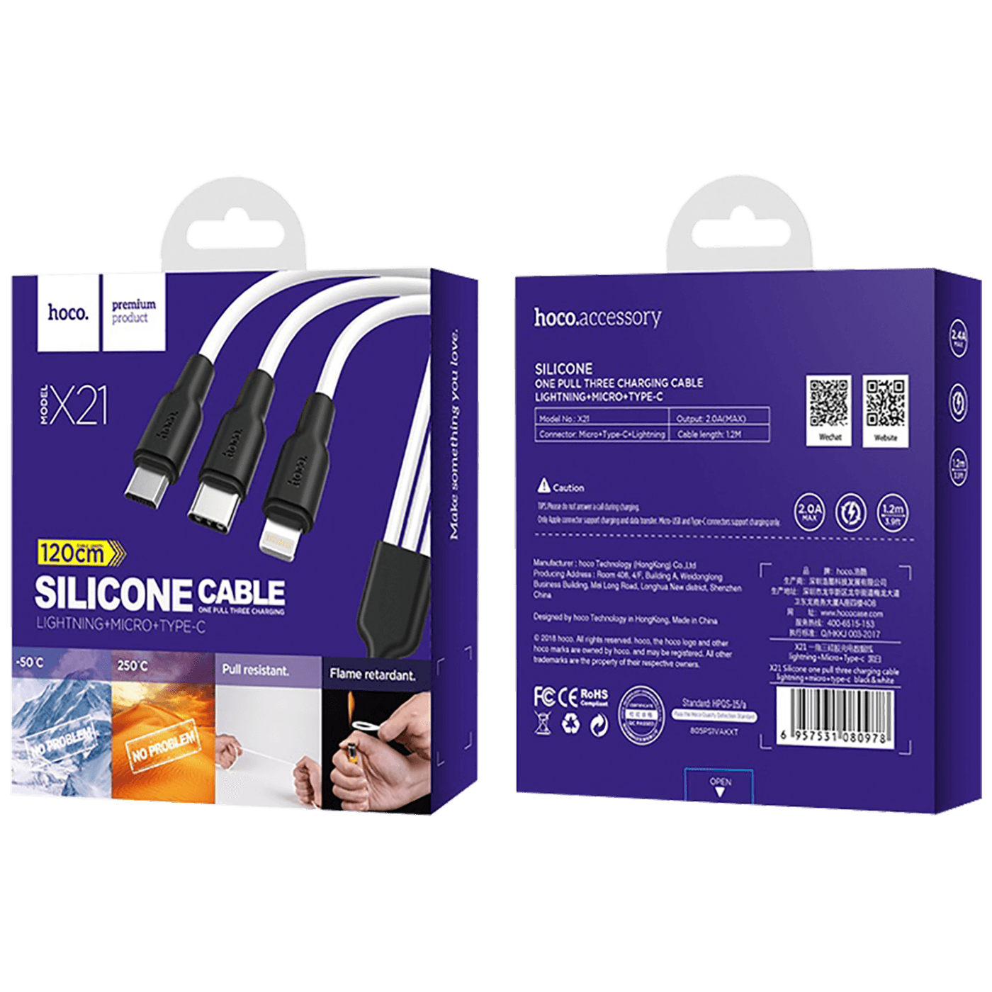 hoco. USB kabel, 3in1, microUSB, type C, Lightning, 1.2 met., 2 A - X21 Silicone 3in1 crna/White-1