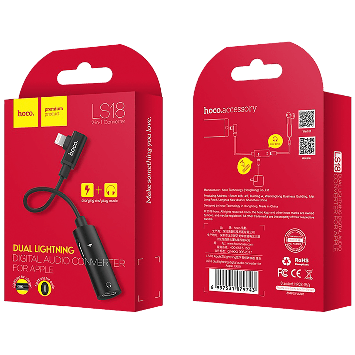hoco. Adapter za slušalice 2in1, iPhone,Lightning na 2 x Lightning - LS18 Lightning to Lightning-1