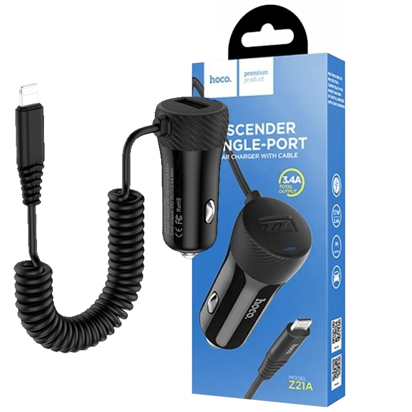 hoco. Auto punjač za Lightning kabelom, 1 x USB, 2.4 A max. - Z21A Ascender Lightning-0