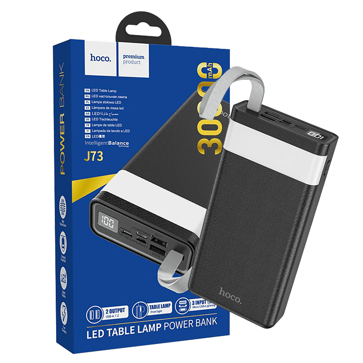hoco. Punjač prijenosni sa lampom, Hoco j73, 30000mAh, 2A / 2A - J73 Powerful crna-0