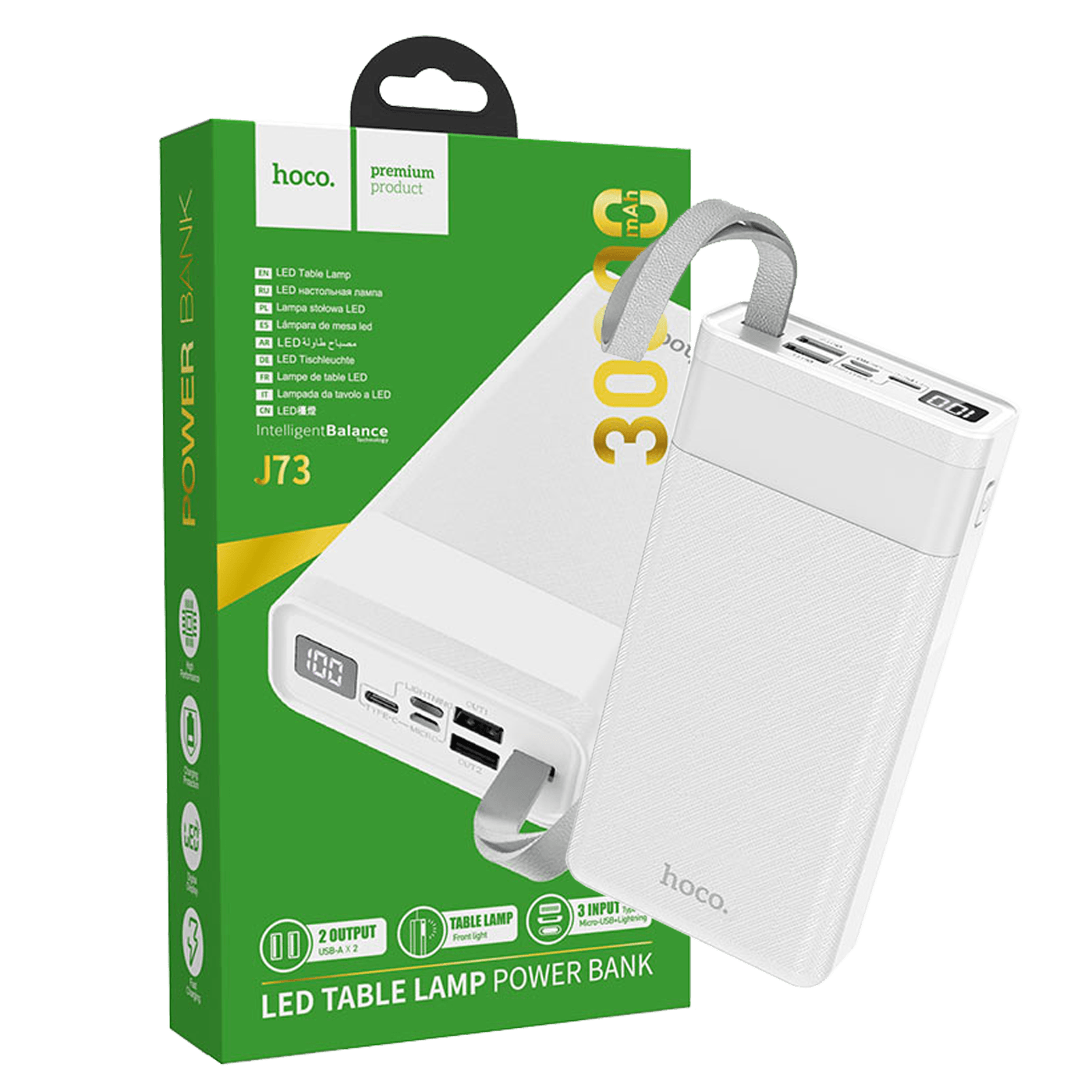 hoco. Punjač prijenosni sa lampom, Hoco j73, 30000mAh, 2A / 2A - J73 Powerful bijela-0