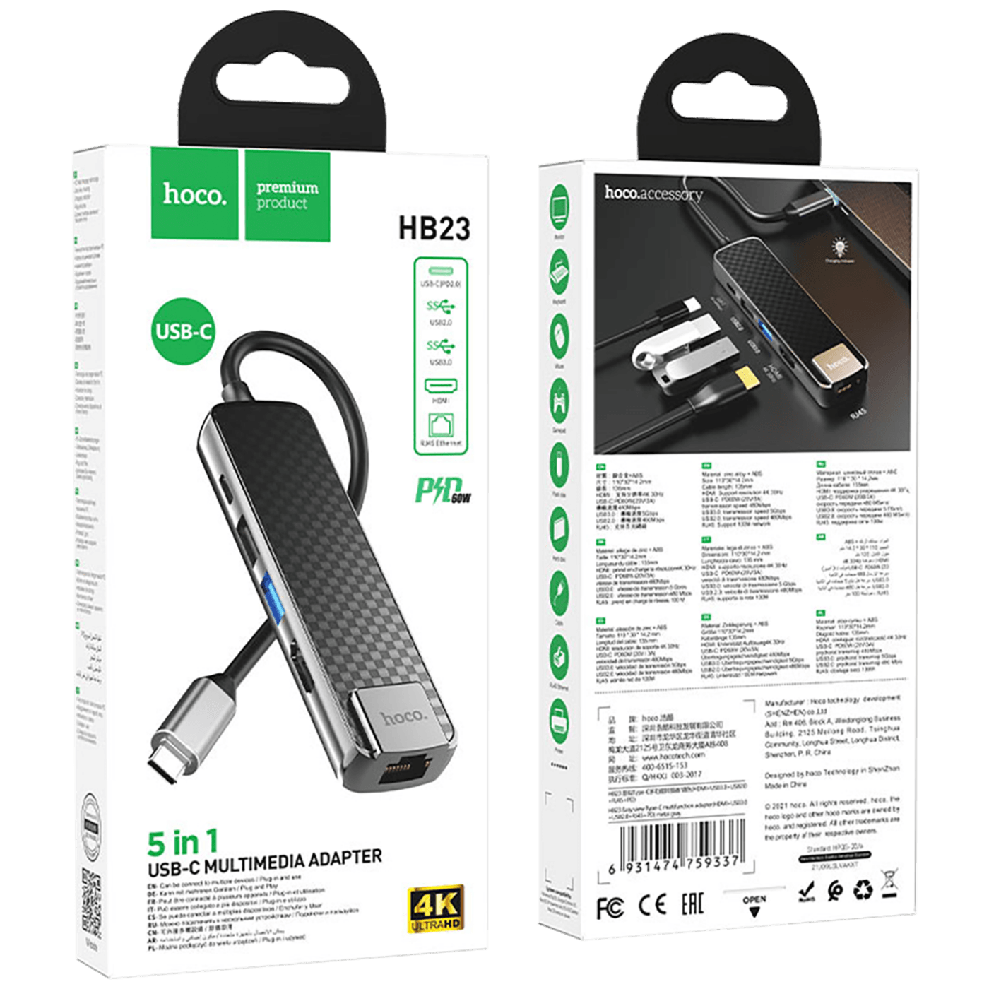 hoco. Konverter USB type C to USB3.0/USB2.0/HDMI/RJ45/PD - HB23 Easy view-1