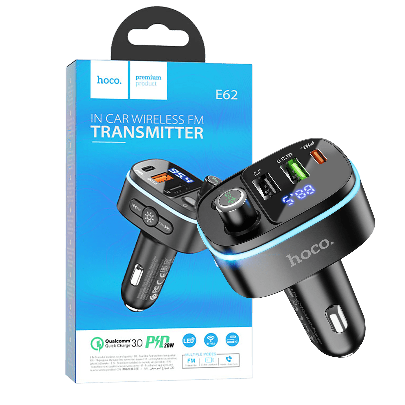 hoco. FM modulator, E62,Bluetooth,12/24 V,2xUSB, 1xUSB-C,PD20W - E62 Fast-0