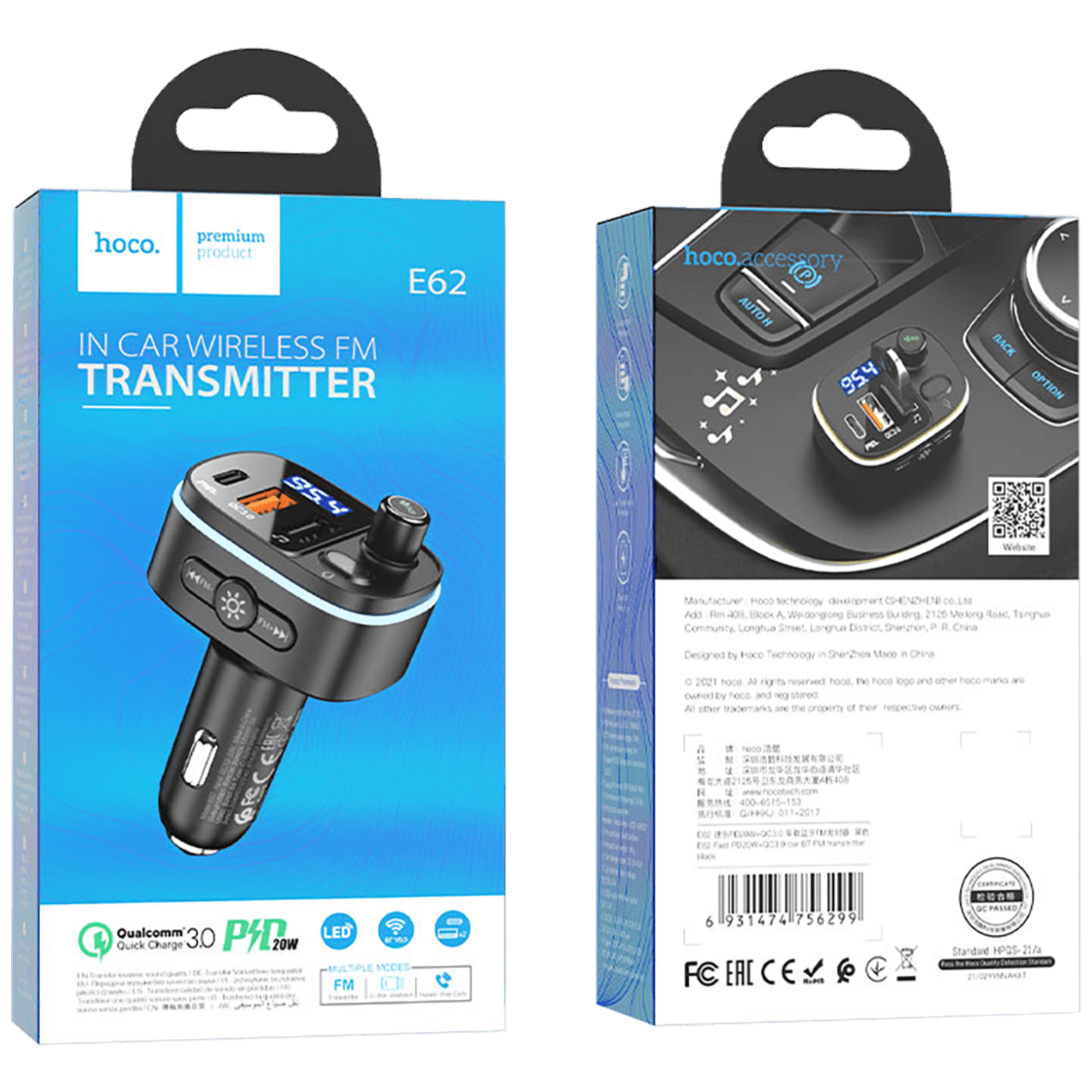 hoco. FM modulator, E62,Bluetooth,12/24 V,2xUSB, 1xUSB-C,PD20W - E62 Fast-1