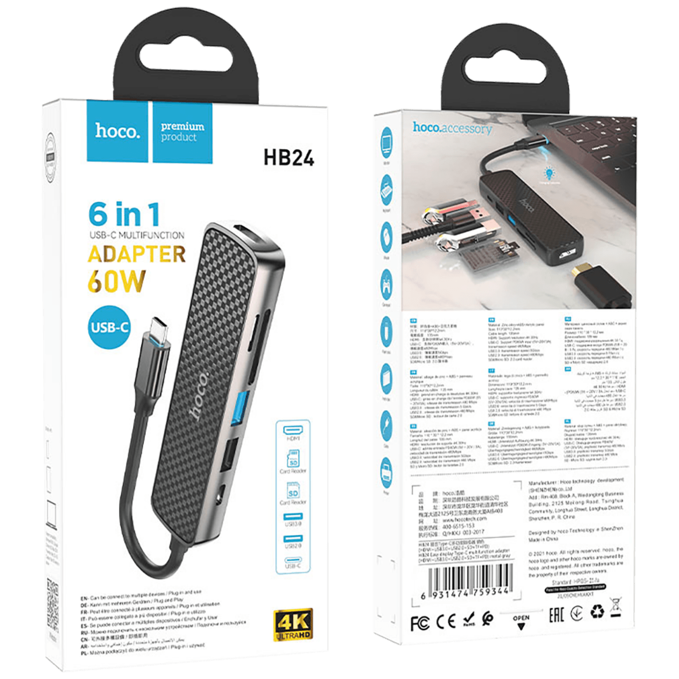 hoco. Konverter USB type C to HDMI/USB3.0/USB2.0/SD/ TF/PD - HB24 Easy display-1