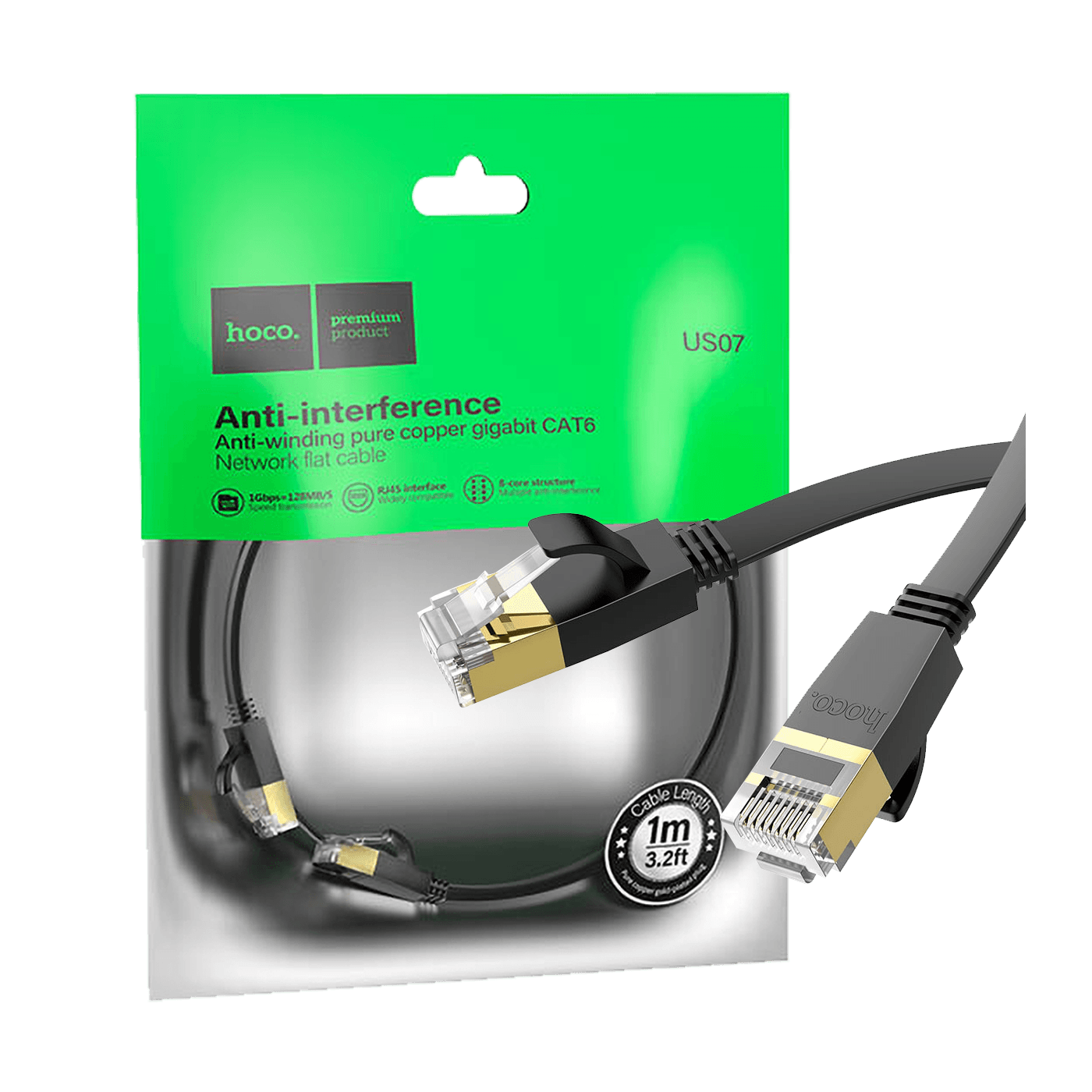 hoco. Mrežni kabl, CAT6, Gigabit Ethernet, flat, 1 met. crna - US07 General, 1 met.-0
