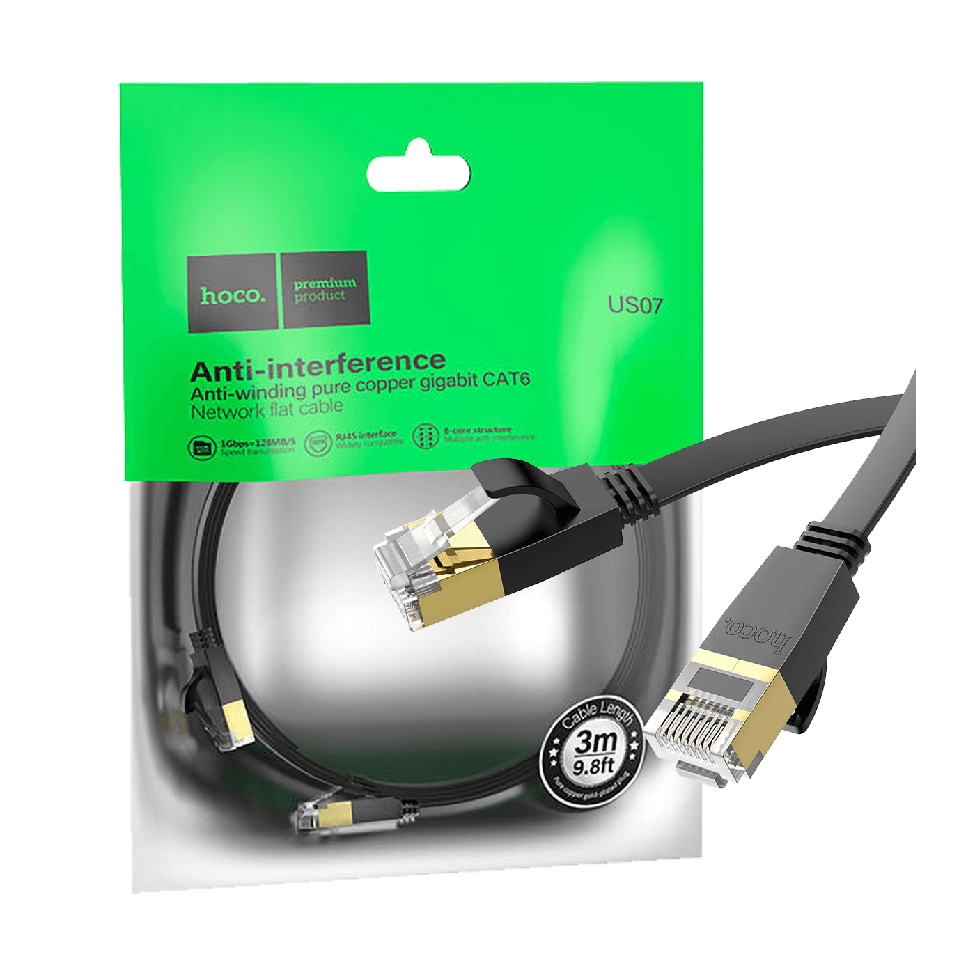 hoco. Mrežni kabl, CAT6, Gigabit Ethernet, flat, 3 met. crna - US07 General, 3 met.-0