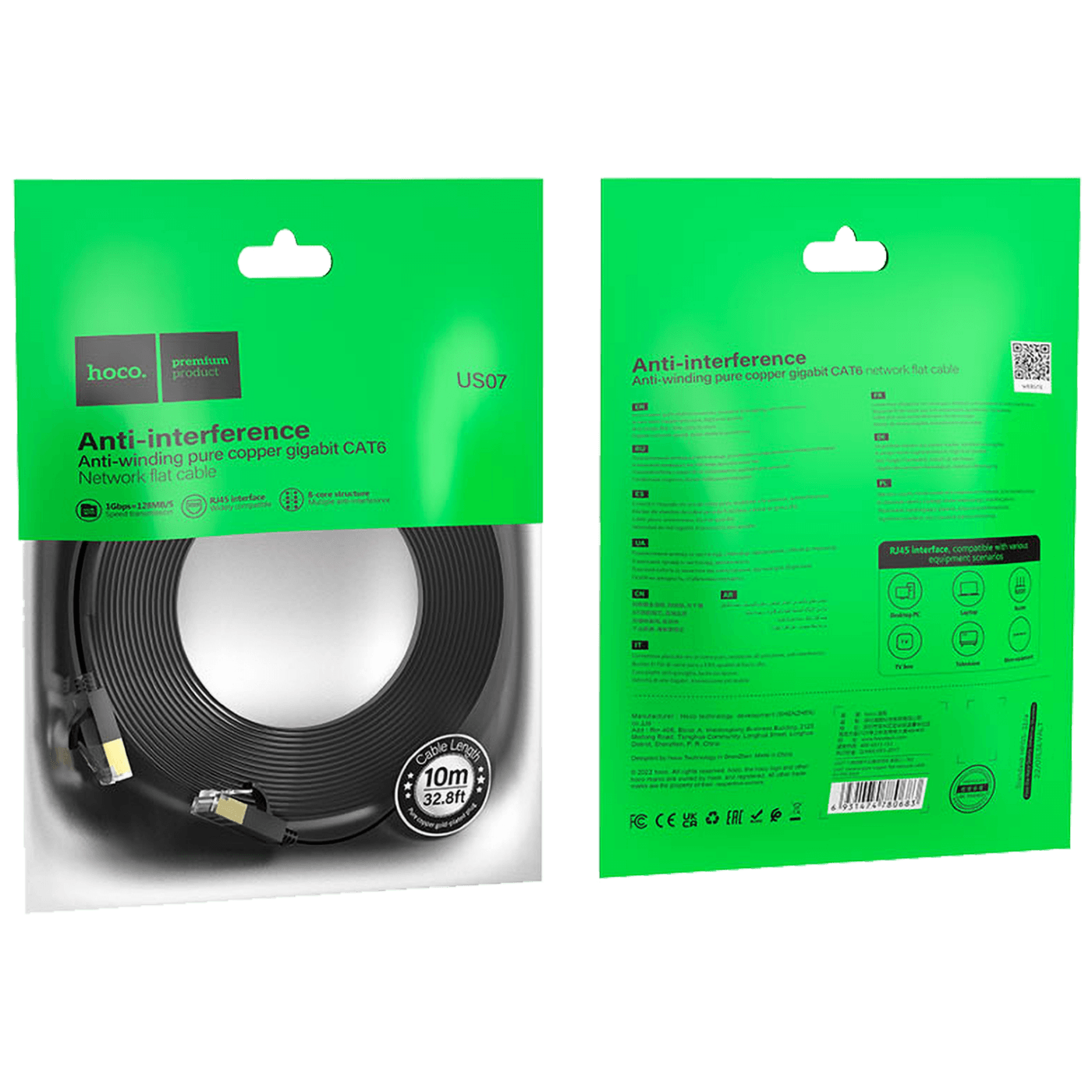 hoco. Mrežni kabl, CAT6, Gigabit Ethernet, flat, 10 met. crna - US07 General, 10 met.-3