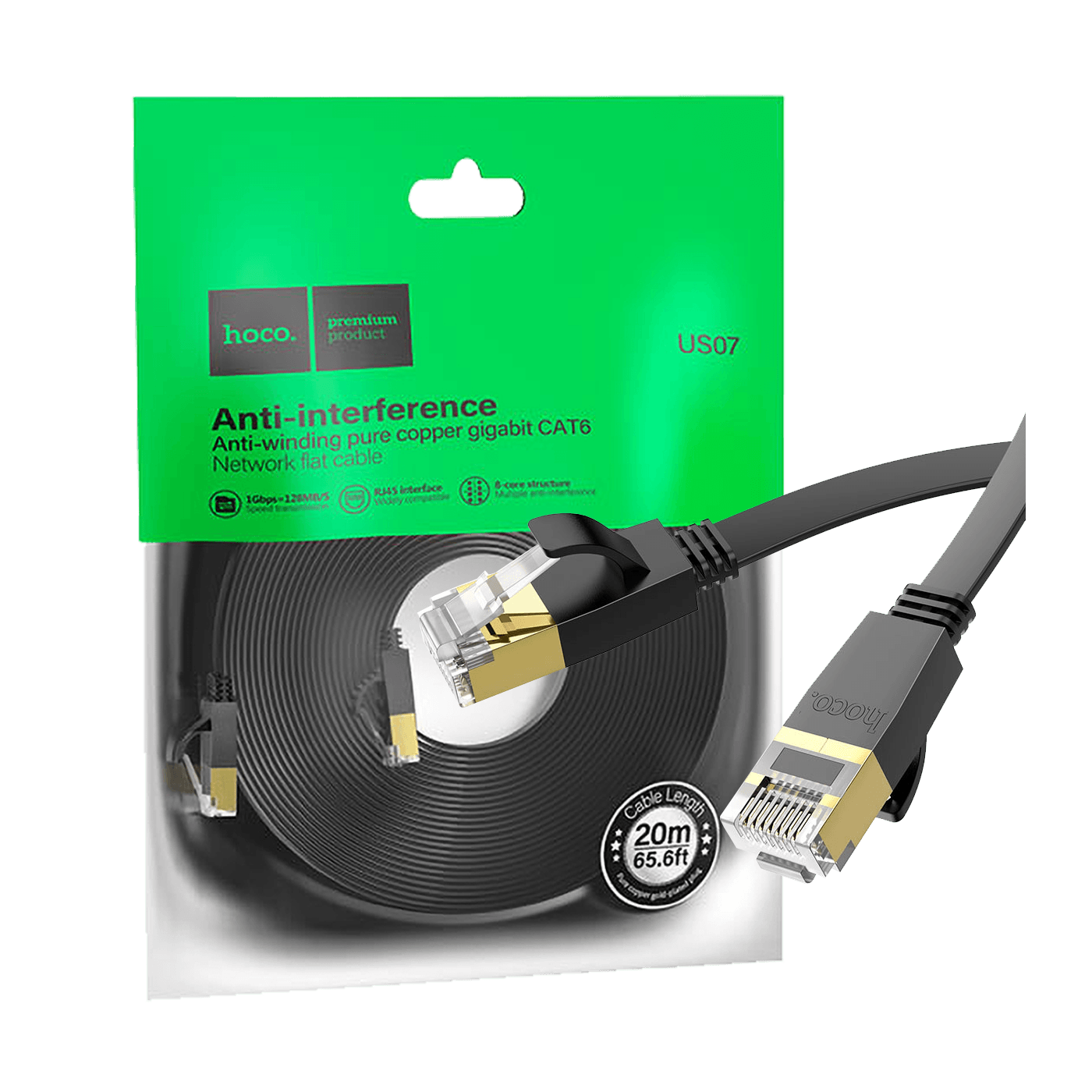 hoco. Mrežni kabl, CAT6, Gigabit Ethernet, flat, 20 met. crna - US07 General, 20 met.-0