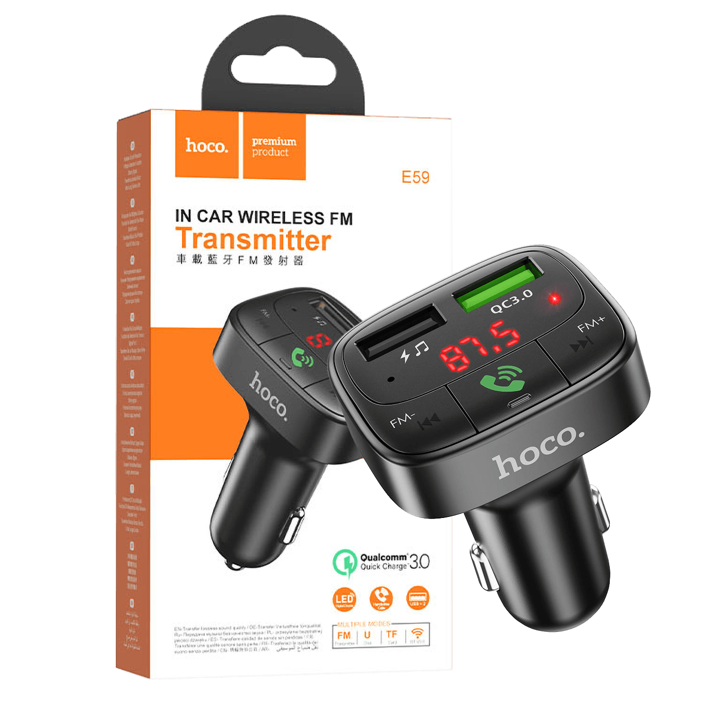 hoco. FM modulator, Bluetooth, 12/24V, 2 x USB, microSD, PD 18W - E59 Promise-0