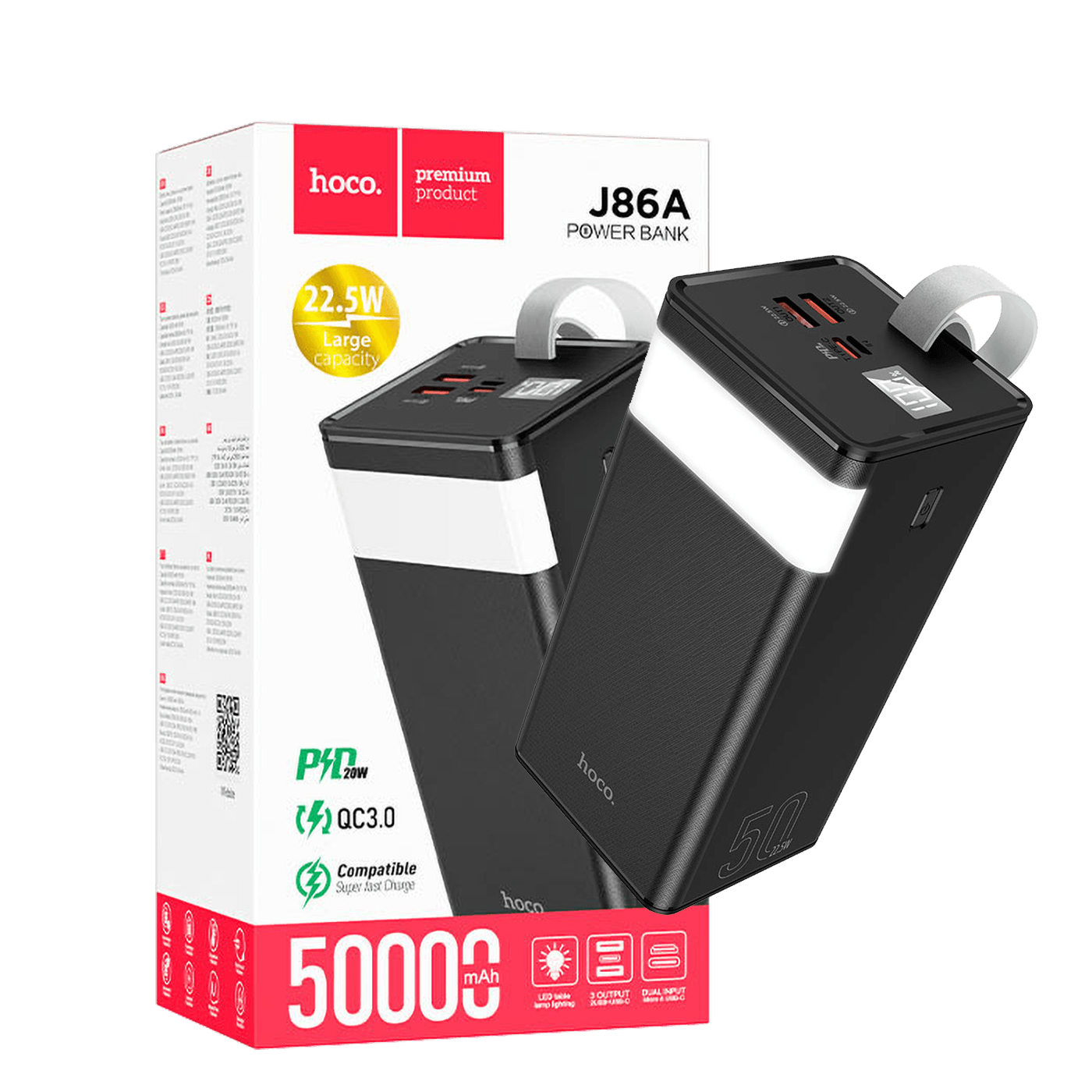 hoco. Punjač prijenosni sa lampom, 50000mAh, brzi QC/PD, 3A - J86A Powermaster-0