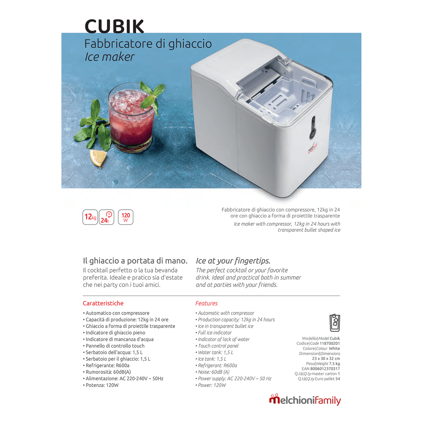Aparat za led MELCHIONI family Cubik 1.5 lit, 12kg/24 h, R600a-1