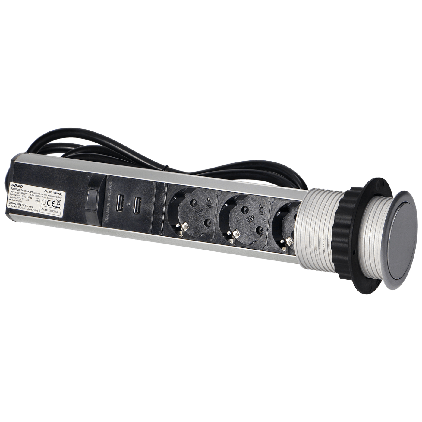 Orno Produžni kabel sa 3 x Schuko utičnice + 2 x USB, ugradbena - OR-AE-1349(GS)-3
