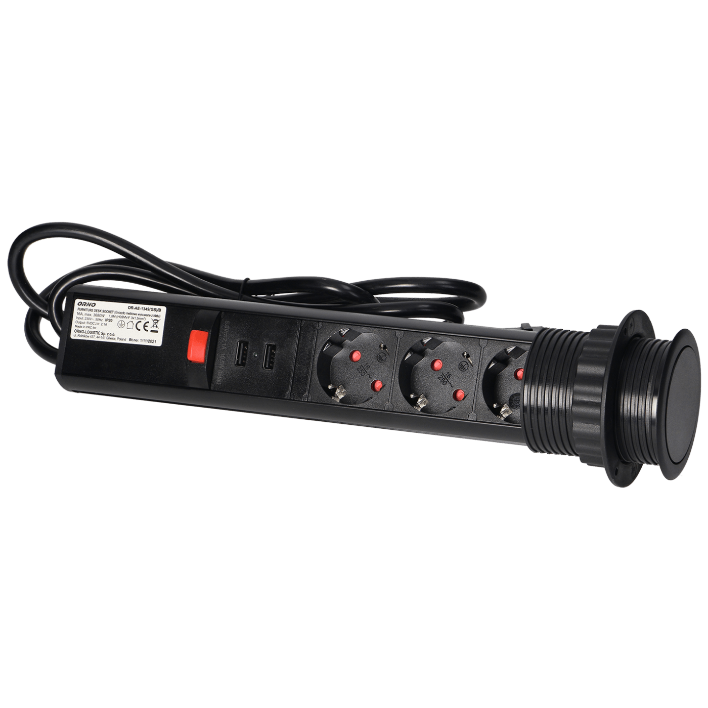 Orno Produžni kabel sa 3 x Schuko utičnice + 2 x USB, ugradbena - OR-AE-1349(GS)/B-3