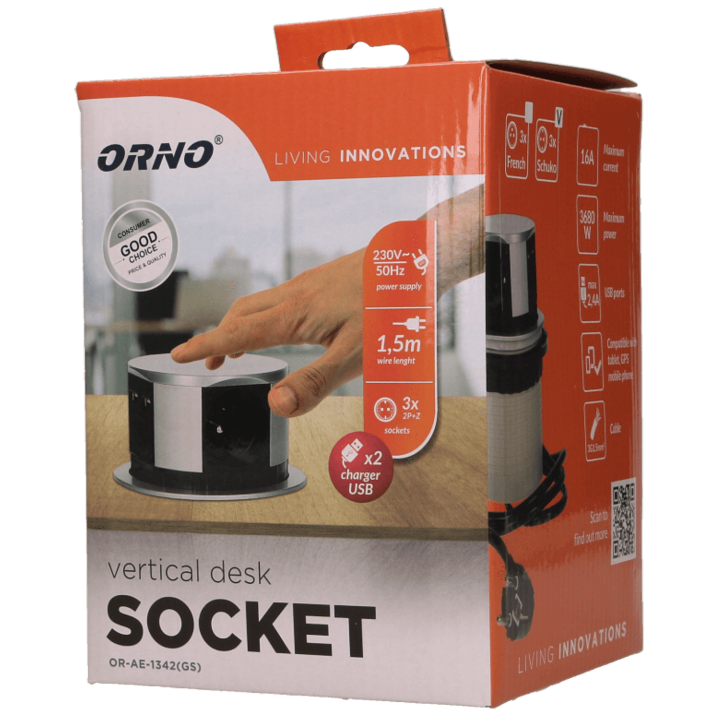 Produžni kabel ORNO OR-AE-1342(GS) sa 3 x Schuko utičnice + 2 x USB, ugradbena-1
