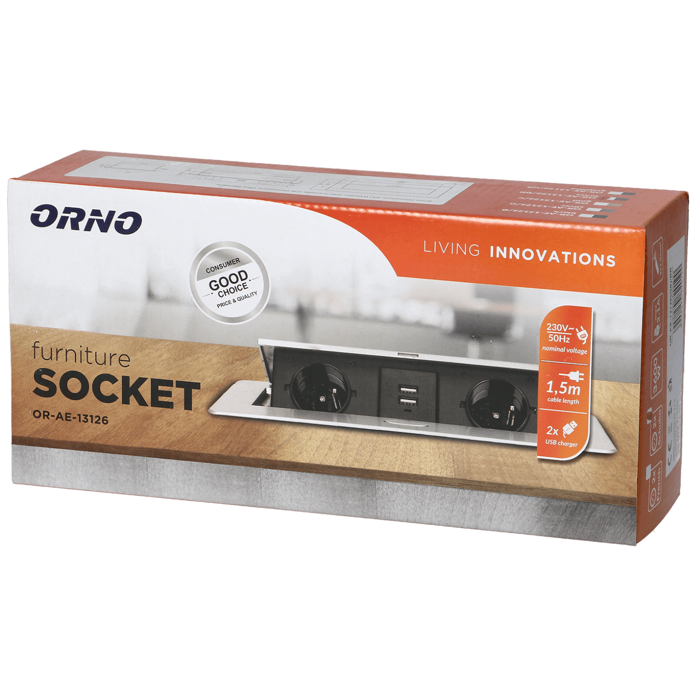 Orno Produžni kabel sa 2 x Schuko utičnice + 2 x USB, ugradbena - OR-AE-13126(GS)/BR-1