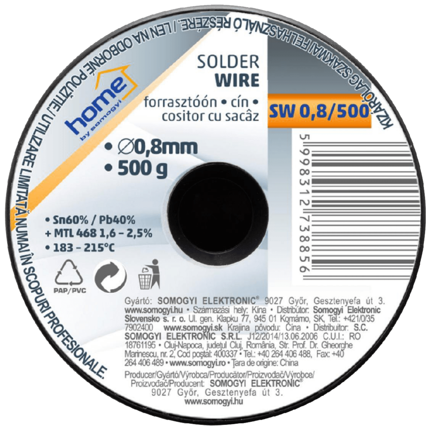 SMA Tinol za lemljenje, Ø 0.8 mm, 500g - SW 0.8/500-1