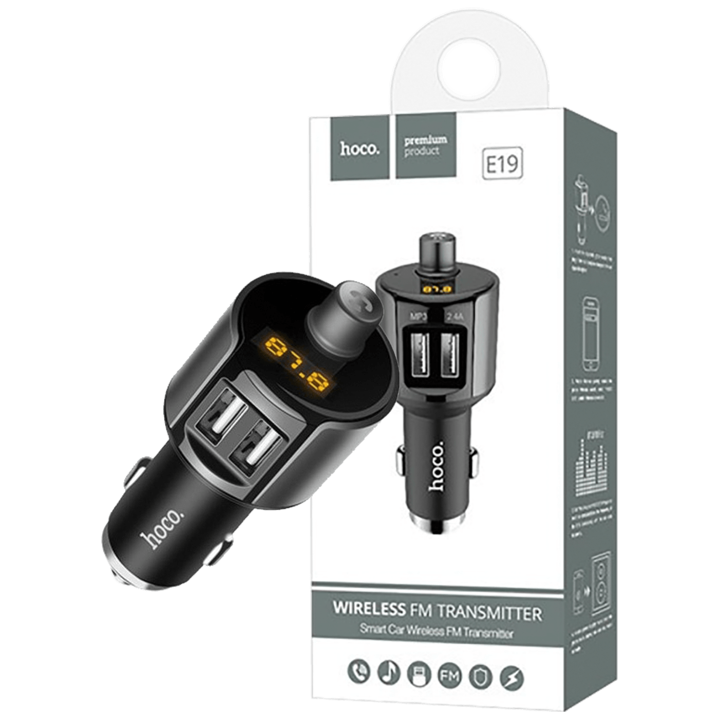 hoco. FM modulator, BT handsfree, 12 V/24 V, 2 x USB 2,4 A - E19 Smart, BT, FM, Charger-0