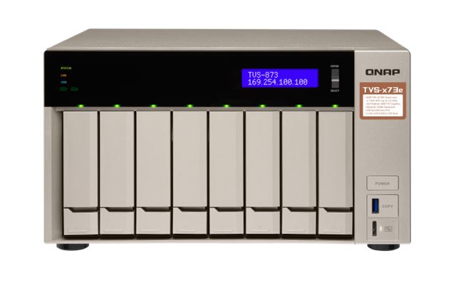 NAS QNAP TVS-873e-8G (amd r-series rx-421bd quad-core 2.1 ghz, turbo core up to 3.4 ghz, 8 gb ddr4, 512mb flash, max 8x 2.5''/3.5'' sata hdd, jbod raid 0/1/5/6/10, 4x usb 3.0, 4x rj45, 2x pcie gen 3, 2x hdmi 1.4b)-0
