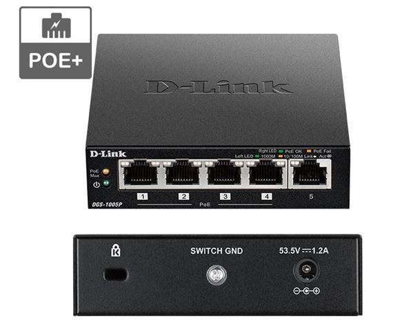 Switch D-LINK DGS-1005P/E (5x 10/100/1000Mbps, 4 PoE ports, POE budget 60W, desktop, Layer 2)