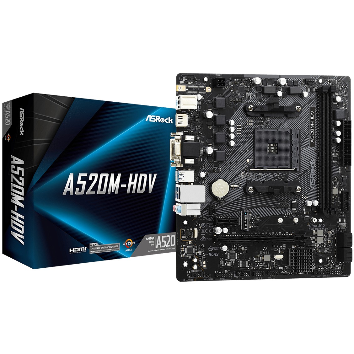 Matična ploča ASROCK A520M-HDV (AM4, DDR4/4733+(OC), PCIe, VGA/DVI-D/HDMI, S-ATA3, USB3.2, mATX)-1