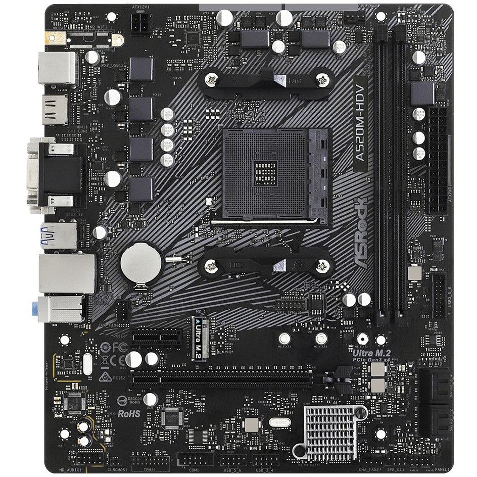 Matična ploča ASROCK A520M-HDV (AM4, DDR4/4733+(OC), PCIe, VGA/DVI-D/HDMI, S-ATA3, USB3.2, mATX)-3