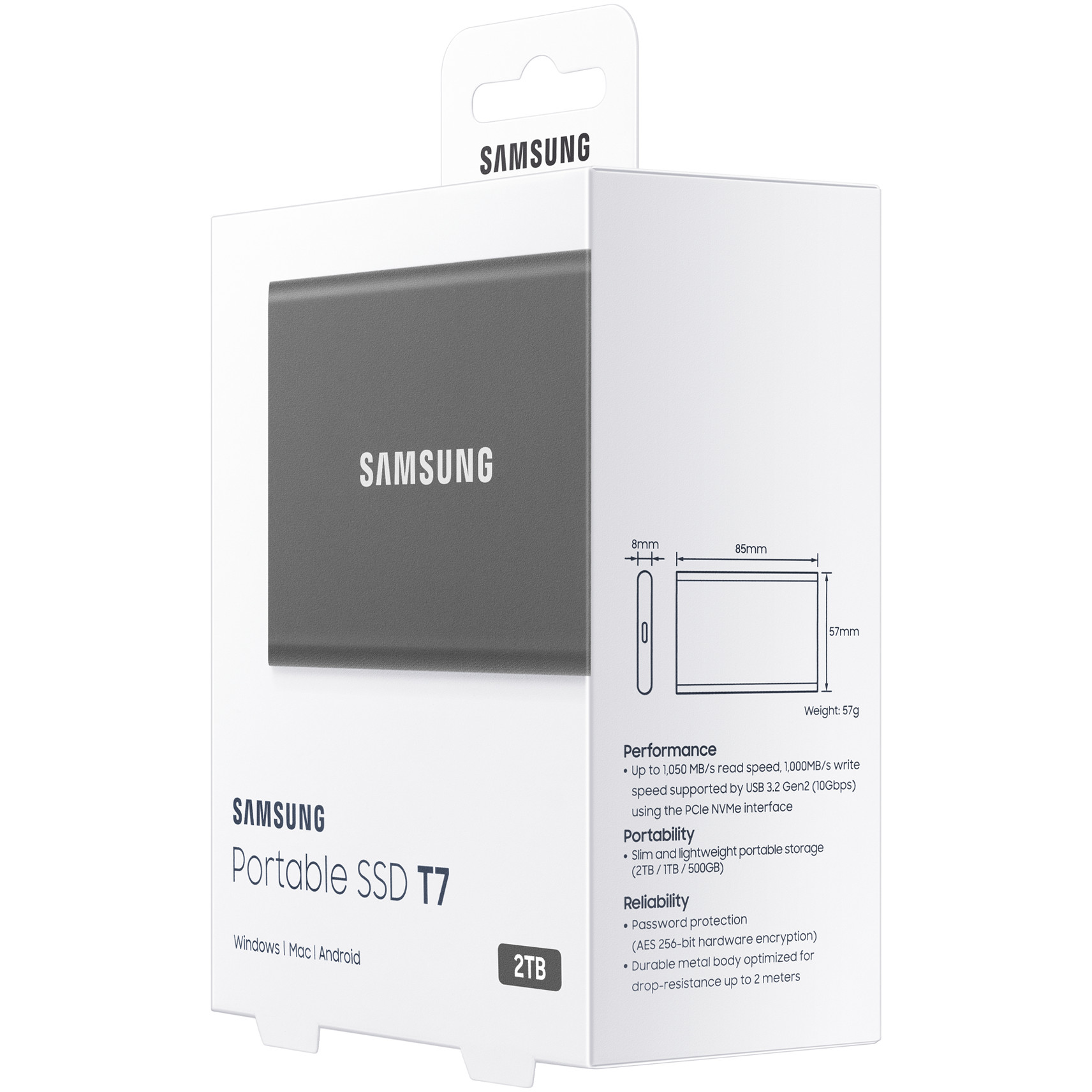 Eksterni SAMSUNG SSD T7 2TB USB 3.2 1050/1000 MB/s, uključeni kabeli USB Type C-to-C i Type C-to-A/ siva/ EAN: 8806090312380-6