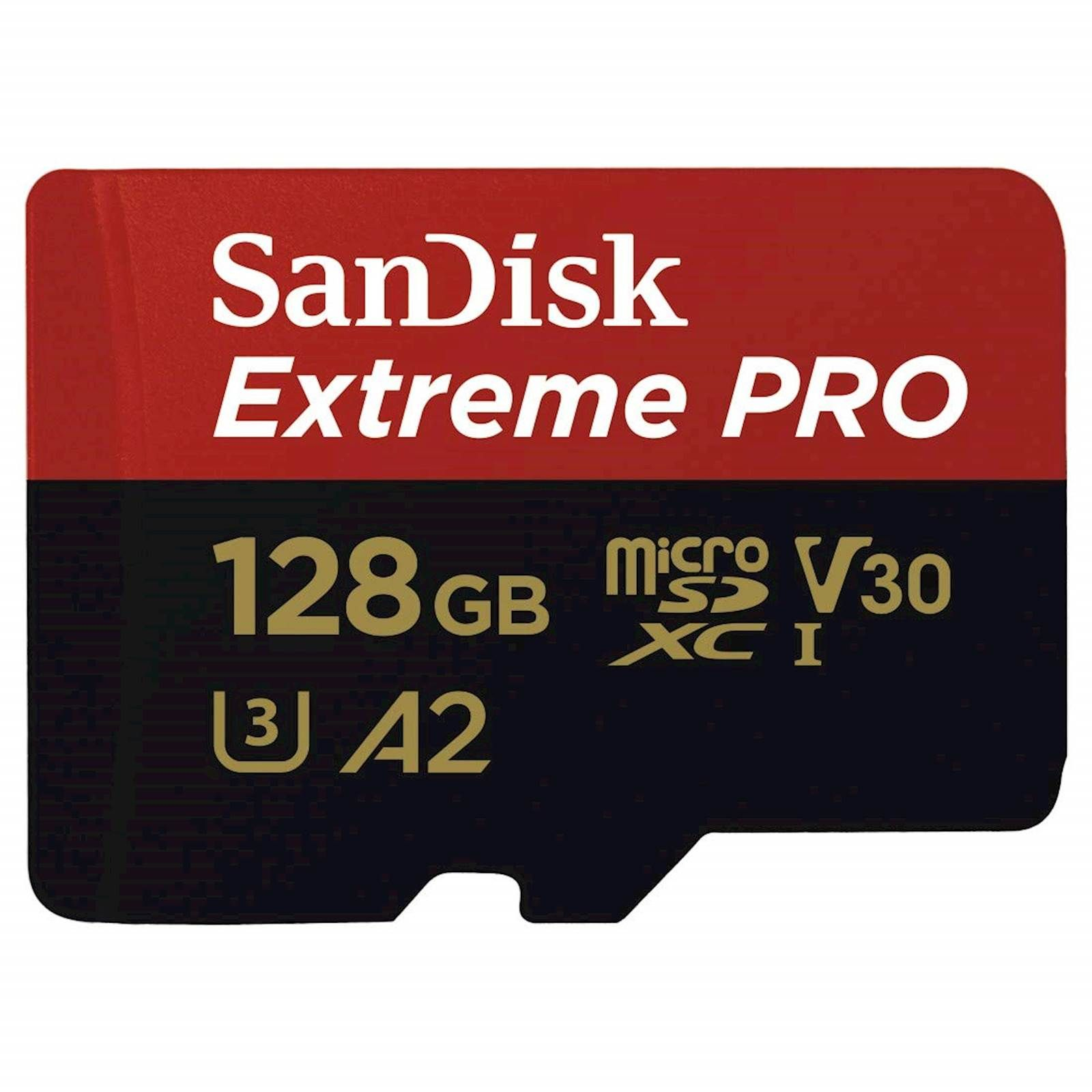 Memorijska kartica Micro SDXC Extreme PRO SanDisk 128 GB + SD adapter (brzina čitanja: do 200 MB/s, brzina pisanja: do 90 MB/s, A2, C10, V30, UHS-I, U3)