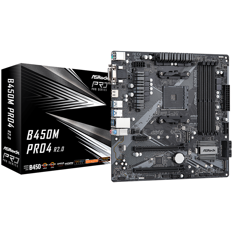 ASROCK Main Board Desktop B450M PRO4 (AM4, 4xDDR4, 1x PCIe 3.0 x16, 1x PCIe 2.0 x16, 1x PCIe 2.0 x1, 4x SATA III, RAID 0,1,10, 1x Ultra M.2 PCIe Gen3 x4, 1x M.2 SATA3, 1x COM Port header, 8x USB 3.0,-1