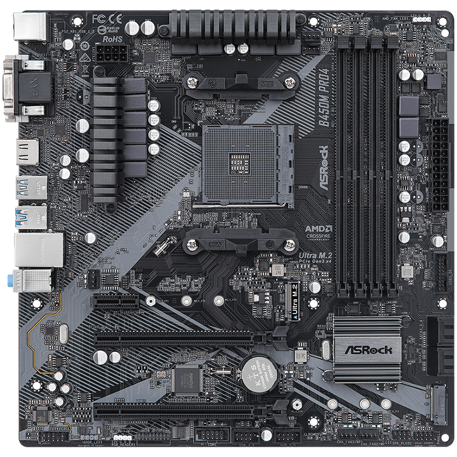 ASROCK Main Board Desktop B450M PRO4 (AM4, 4xDDR4, 1x PCIe 3.0 x16, 1x PCIe 2.0 x16, 1x PCIe 2.0 x1, 4x SATA III, RAID 0,1,10, 1x Ultra M.2 PCIe Gen3 x4, 1x M.2 SATA3, 1x COM Port header, 8x USB 3.0,-2