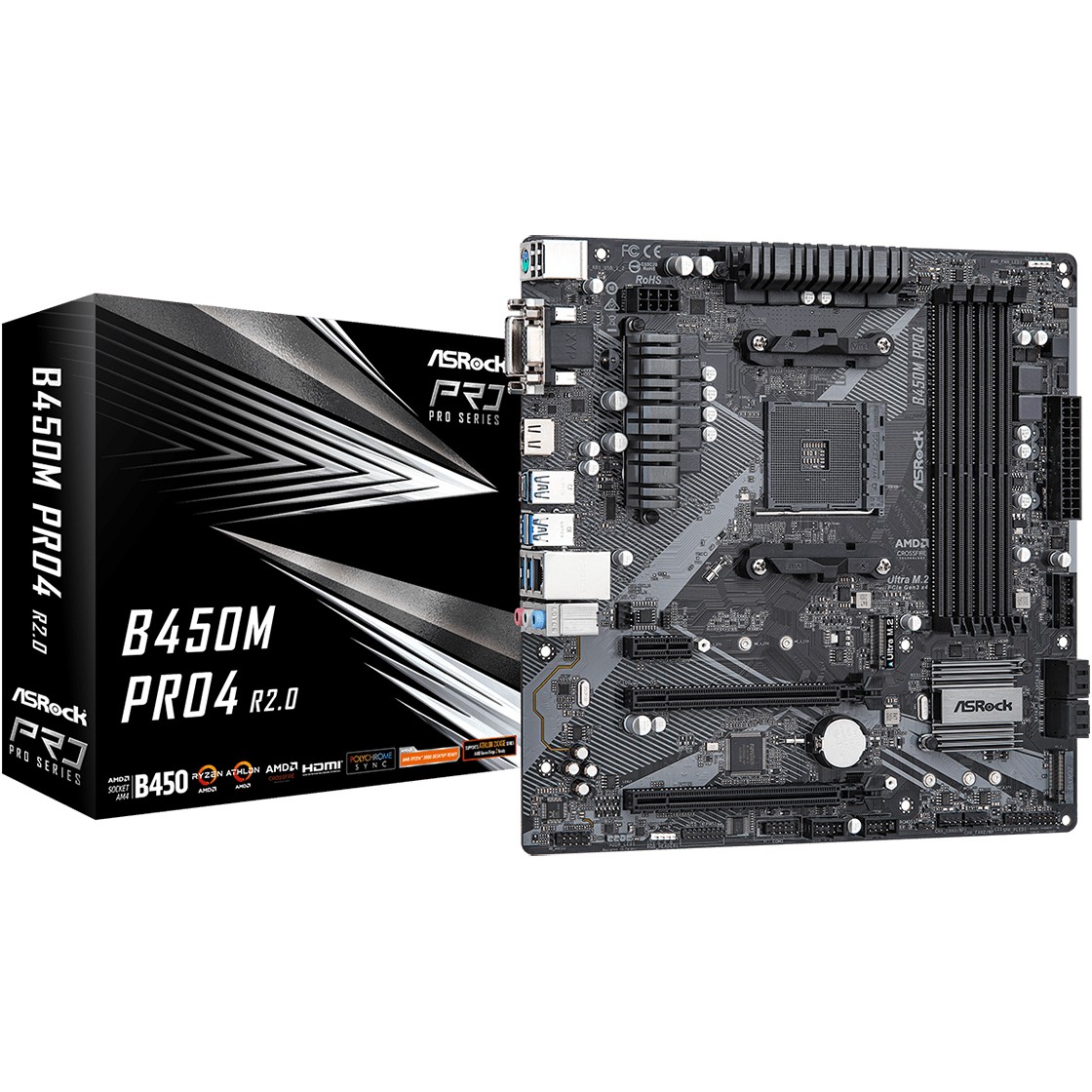 ASROCK Main Board Desktop B450M PRO4 (AM4, 4xDDR4, 1x PCIe 3.0 x16, 1x PCIe 2.0 x16, 1x PCIe 2.0 x1, 4x SATA III, RAID 0,1,10, 1x Ultra M.2 PCIe Gen3 x4, 1x M.2 SATA3, 1x COM Port header, 8x USB 3.0,-4
