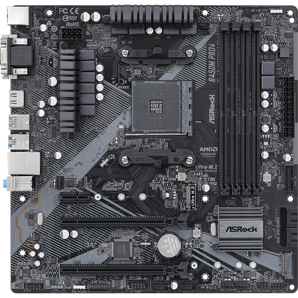ASROCK Main Board Desktop B450M PRO4 (AM4, 4xDDR4, 1x PCIe 3.0 x16, 1x PCIe 2.0 x16, 1x PCIe 2.0 x1, 4x SATA III, RAID 0,1,10, 1x Ultra M.2 PCIe Gen3 x4, 1x M.2 SATA3, 1x COM Port header, 8x USB 3.0,-5