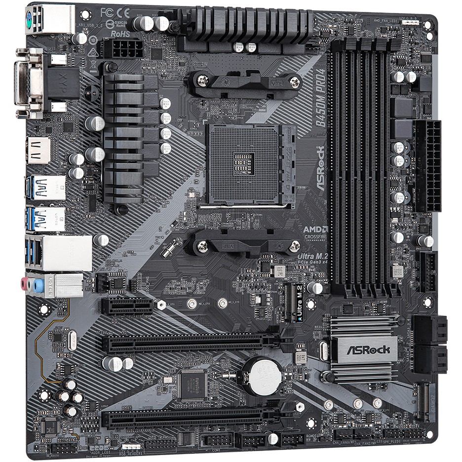 ASROCK Main Board Desktop B450M PRO4 (AM4, 4xDDR4, 1x PCIe 3.0 x16, 1x PCIe 2.0 x16, 1x PCIe 2.0 x1, 4x SATA III, RAID 0,1,10, 1x Ultra M.2 PCIe Gen3 x4, 1x M.2 SATA3, 1x COM Port header, 8x USB 3.0,-7