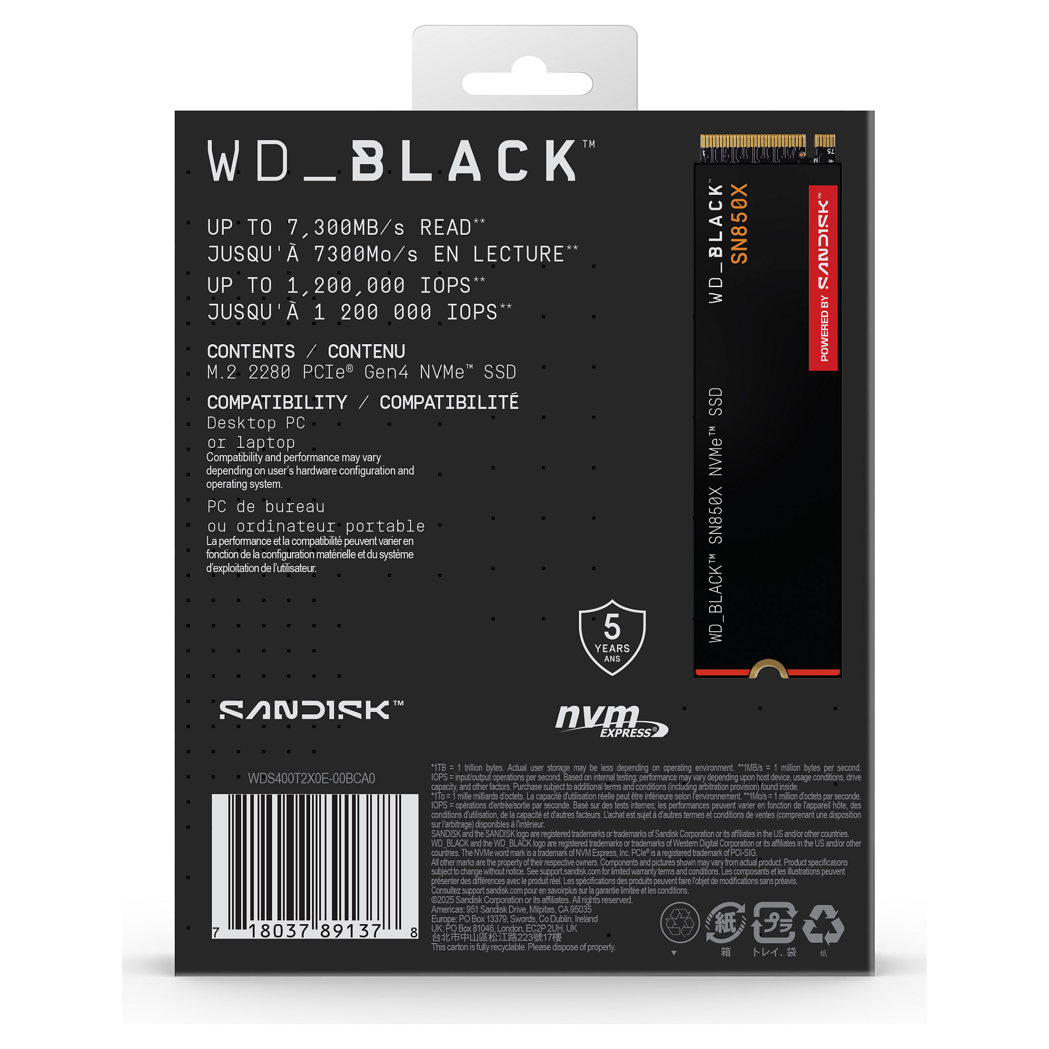 SSD WD crna SN850X 4TB M.2 2280 PCIe Gen4 x4 NVMe, Read/Write: 7300/6600 MBps, IOPS 1200K/1100K, TBW: 2400-20