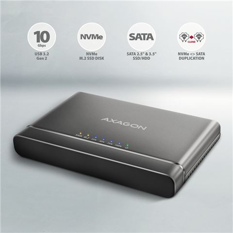 Dock station AXAGON ADSA-CC (2.5"/3.5" SATA M.2, Storage 2x HDD, USB 3.2 Gen 1, pasivno hlađenje, vanjsko napajanje)