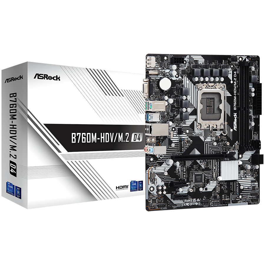 MBO ASROCK B760M-HDV/M.2 D4 (LGA1700, B760, DDR4, 2 utora, 2133 - 5333 MHz, PCIe 4.0 x16, SATA3 4)-1