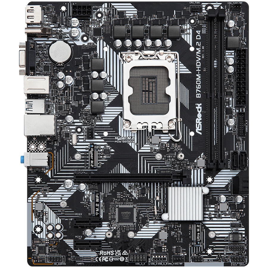 MBO ASROCK B760M-HDV/M.2 D4 (LGA1700, B760, DDR4, 2 utora, 2133 - 5333 MHz, PCIe 4.0 x16, SATA3 4)-2