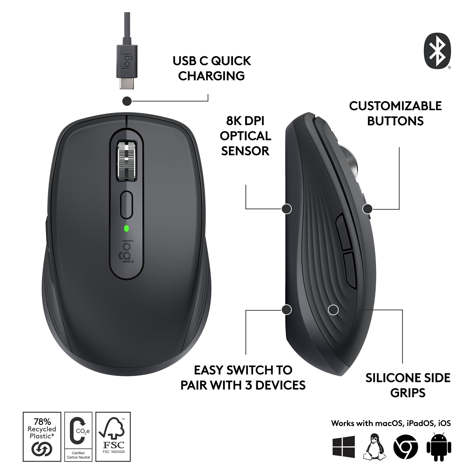 Logitech MX Anywhere 3S bežični laserski miš, USB, graphite (910-006929)-32